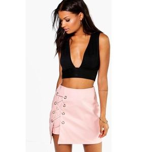 Boohoo Sofia lace up side leather mini skirt Blush